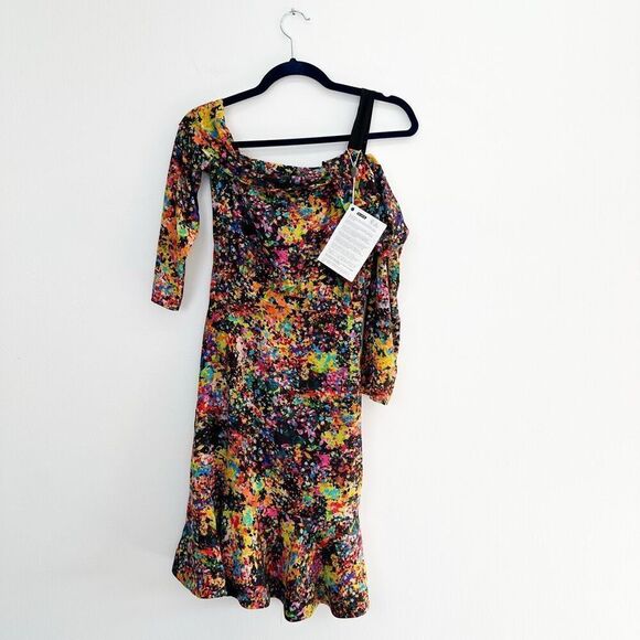 SALONI Women’s Tricia One Shoulder Multicolor Floral Crepe Mini Dress - Picture 2 of 11